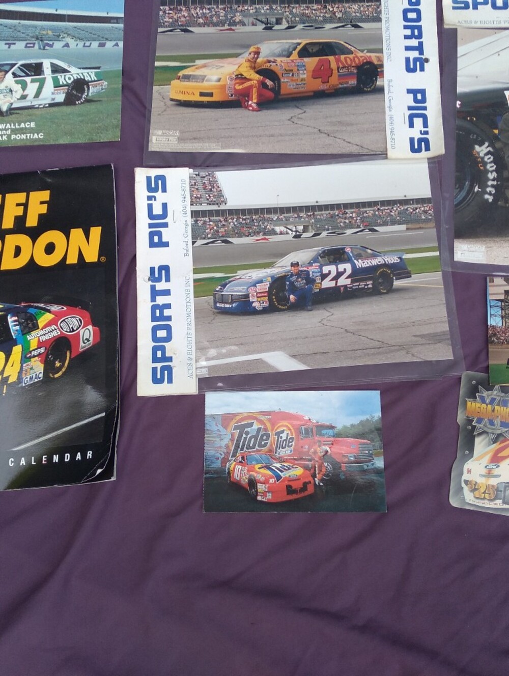 Nascar Racing Print Set with Purple Backdrop and Red, Yellow,  Cars Collection